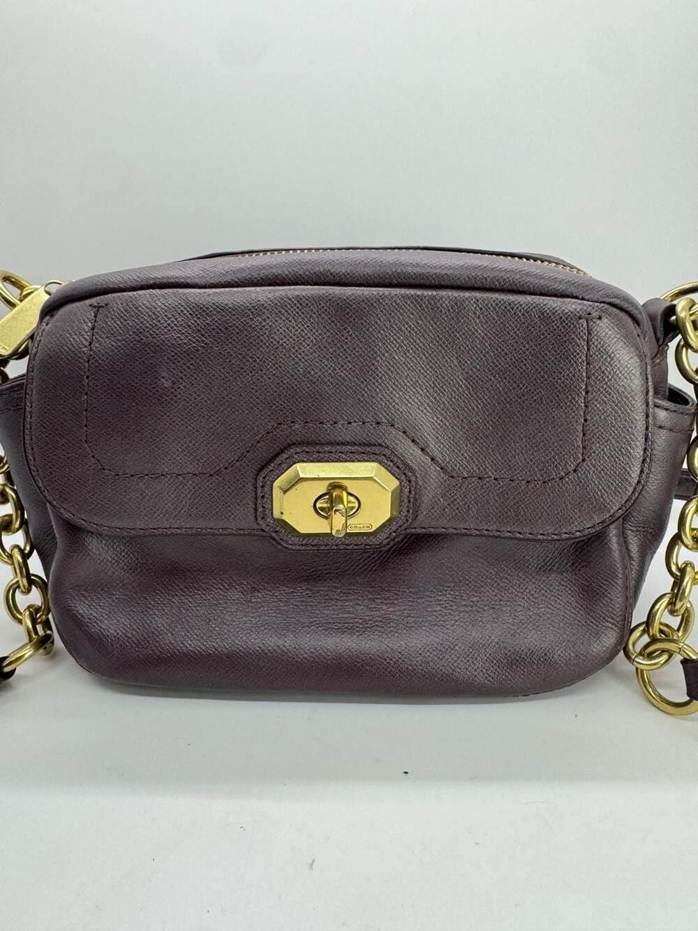 COACH Campbell Turnlock Metallic Plum Purple Leather Crossbody Bag F24843
